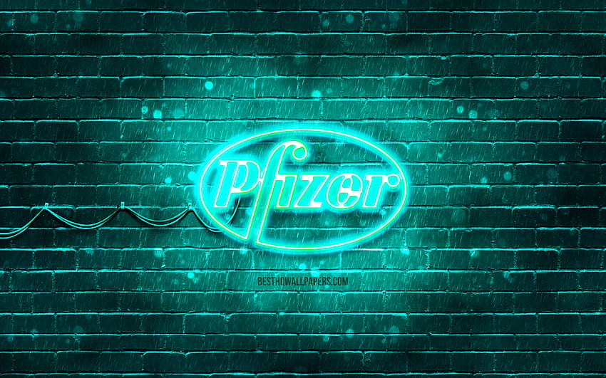 Pfizer turkuaz logosu, turkuaz tuğla duvar, Pfizer logosu, Covid-19, Coronavirüs, Pfizer neon logosu, Covid aşısı, Pfizer HD duvar kağıdı