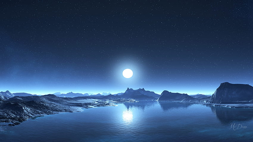 Moonlight Lake、夜、青、Firefox Persona テーマ、湖、反射、月、輝き、山、氷 高画質の壁紙