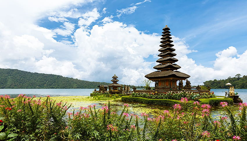 Indonesia Ulun Danu Beratan Temple Bali river Temples Cities HD wallpaper