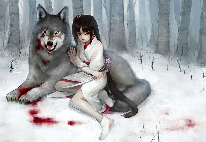 늑대 소녀 긴 머리 판타지 애니메이션 피 기모노 칼 숲 눈 HD 월페이퍼