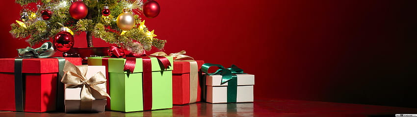 Weihnachtskiefer und Geschenkboxen, Weihnachten 5120x1440 HD-Hintergrundbild