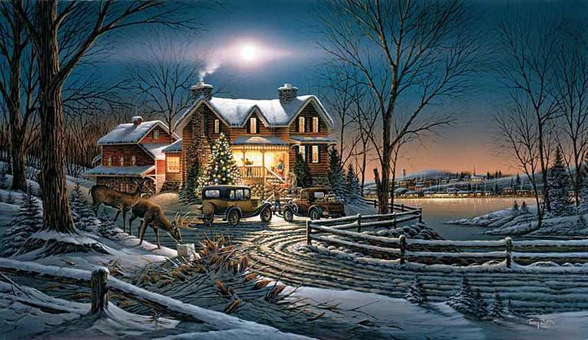 예술의 겨울, 겨울, 달, 빛, 눈, 하늘, 아름다운, 자연, 주택 HD 월페이퍼