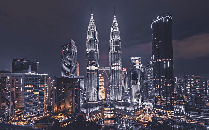 ペトロナス タワー、夜景、マレーシア 高画質の壁紙