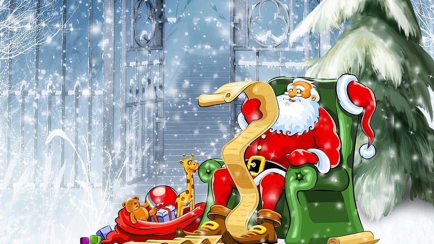 Père Noël vérifiant sa liste, chaise, hiver, jouets, sac, saint nicolas, liste, père noël, st nick, sac, arbre, portes, neige, noël, père noël, pôle nord Fond d'écran HD