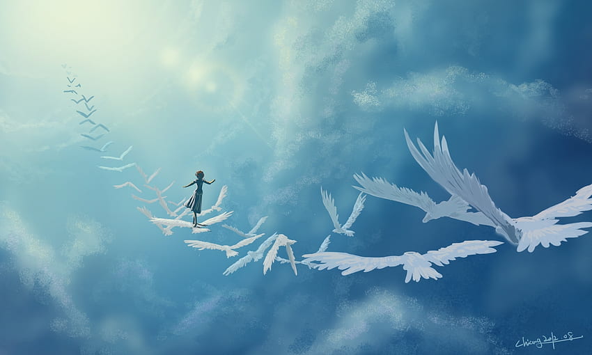 Fantasie, Vögel, Kunst, Wolken, Mädchen, Himmel HD-Hintergrundbild