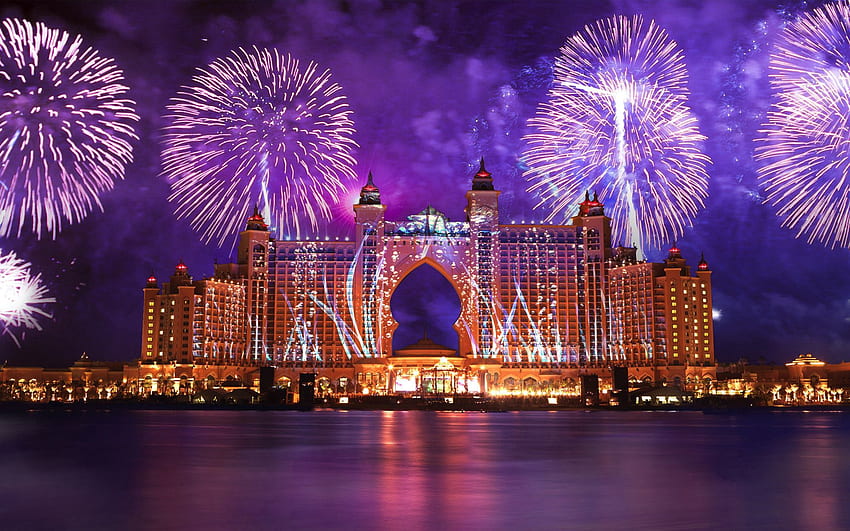 Cities, Water, Salute, Dubai, Fireworks, Firework HD wallpaper