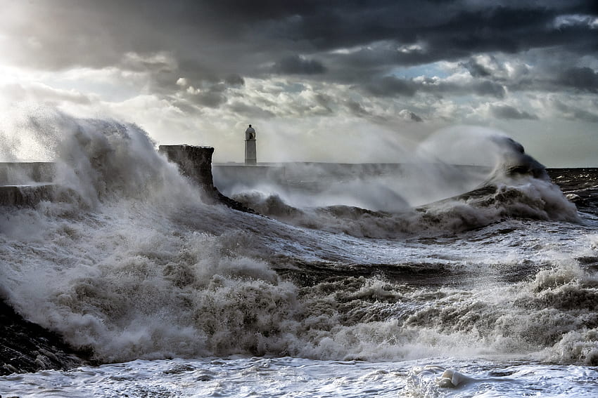 Nature, Sea, Waves, Spray, Lighthouse, Storm HD wallpaper