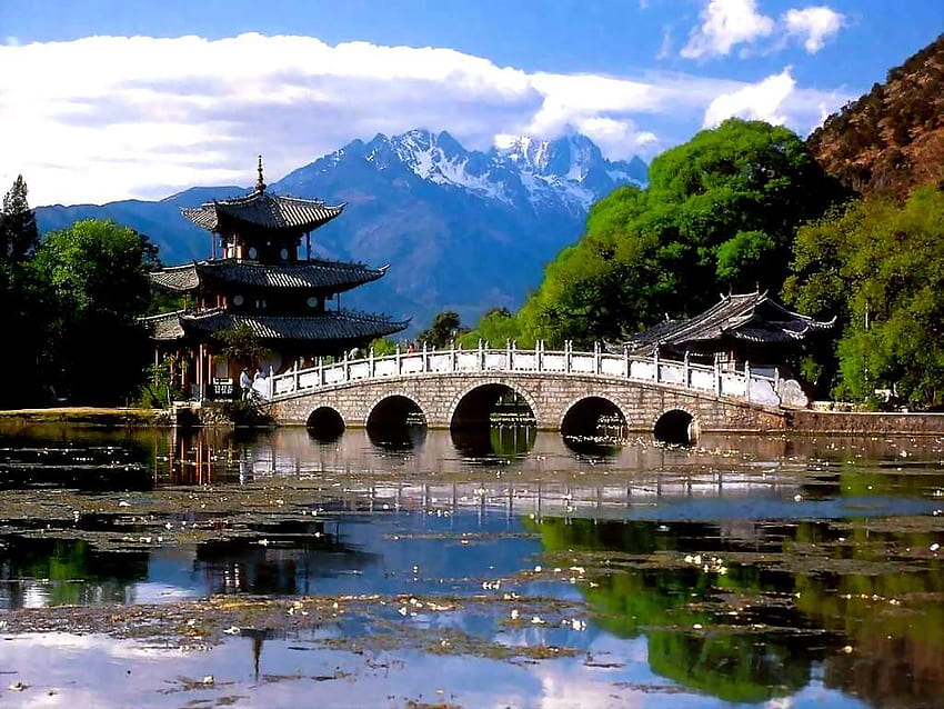 Chinese bridge, blue, green, rooftop, trees, bridge, sky, mountains, lake HD wallpaper