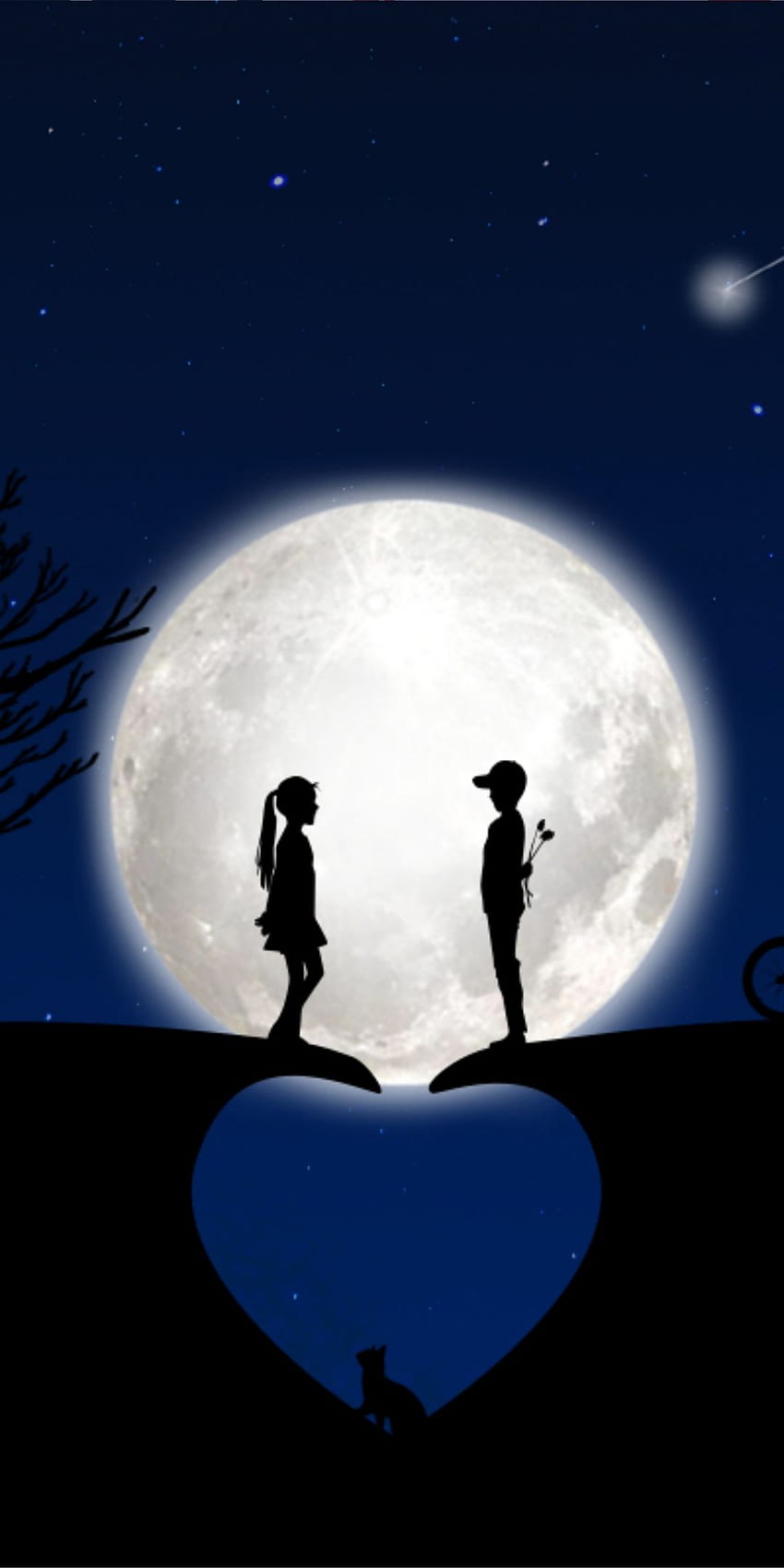 Herz, Mond, Paar, Silhouette, Kunst, . Liebeshintergrund, süße Liebe, süßes Paar, Liebeszeichnungen HD-Handy-Hintergrundbild