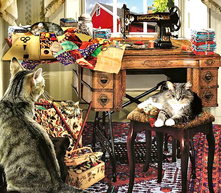 Das Nähzimmer - Katzen, Tiere, Nähmaschine, Kunst, Katzen, Katzen, schön, Kunstwerke, Malerei, Haustiere HD-Hintergrundbild