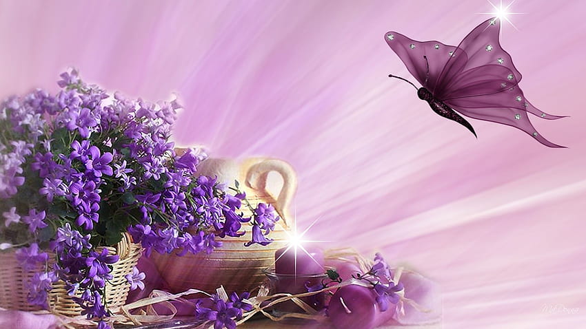 Bokeh, Pink, Flame, Digital, Candles, iPhone Xr, Pitcher, And, Candle, violets, Spring, Flowers, Persona, Abstract, Butterfly Fantasy Wallpap, Spring Flowers and Butterflies HD wallpaper