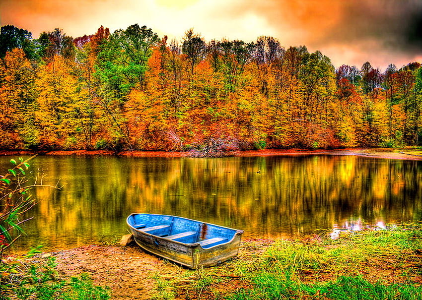 Lake boat, boat, fall, peaceful, beautiful, lake, summer, reflection, mirrored, clouds, autumn, nature, sky, calm HD wallpaper
