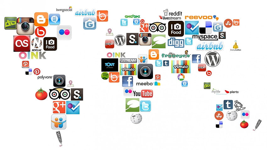 : Media Sosial, Peta Dunia, Desain, Ikon, Latar Belakang Internet, Jaringan Dunia Wallpaper HD