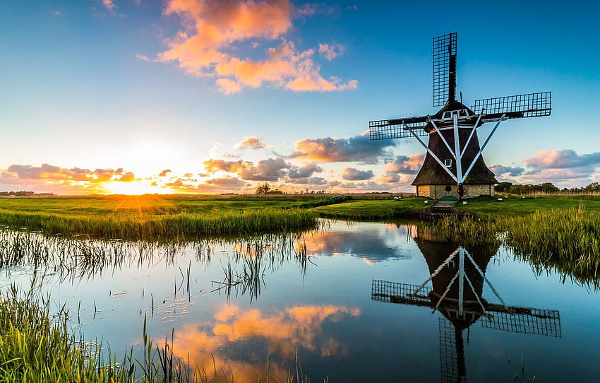 morning, mill, channel, Netherlands, Holland for , section пейзажи, Holland Landscape HD wallpaper