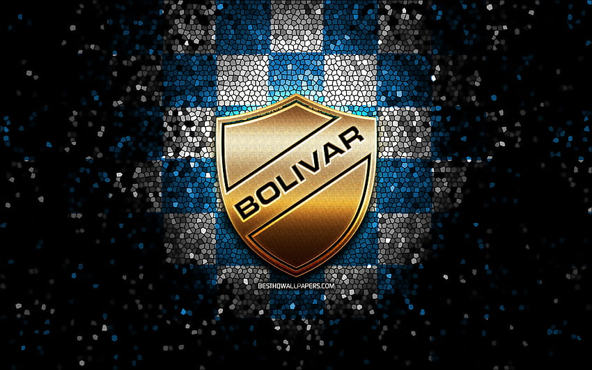 Club Bolivar, brokatowe logo, Bolivian Primera Division, niebiesko-białe tło w kratkę, piłka nożna, boliwijski klub piłkarski, logo Club Bolivar, mozaika, piłka nożna, Bolivar FC Tapeta HD