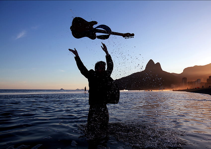 音楽, 海, シルエット, 水しぶき, ギター, 楽器, ミュージシャン 高画質の壁紙