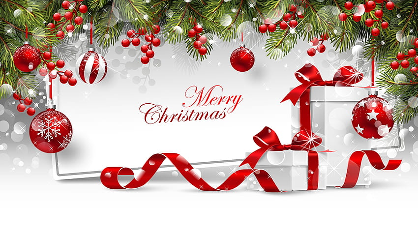 Christmas Berries & Balls, bokeh, nastro, bacche, regali, palline, tema Firefox Persona, regali, pino, natale, verde, arco Sfondo HD