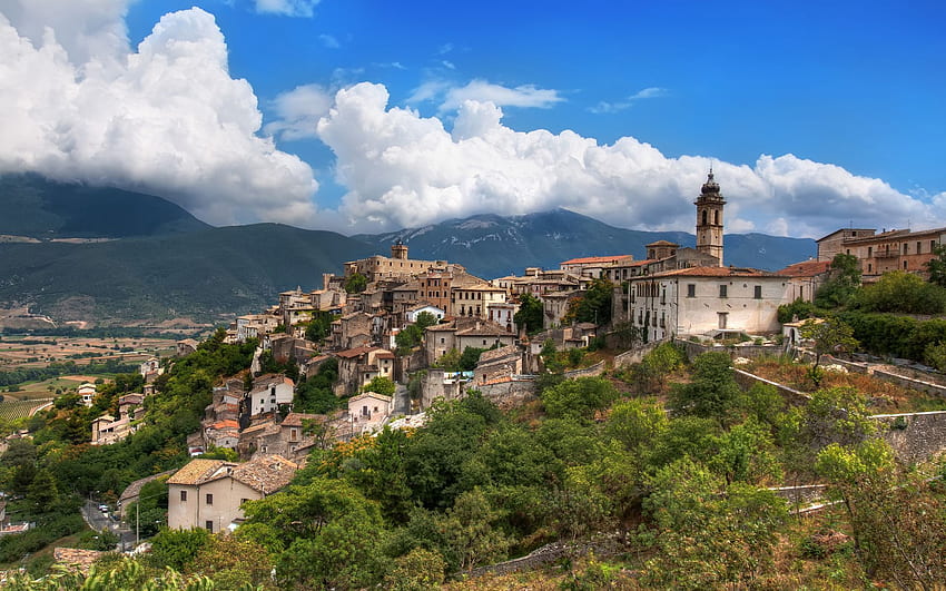 Italy, architecture, town, landscape, church, houses, buildings, clouds, trees, nature, sky, mountains HD wallpaper
