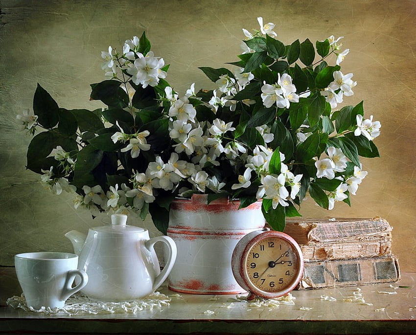 lukisan alam benda, putih, graphy, cantik, buku, tua, bunga, jam, karangan bunga Wallpaper HD