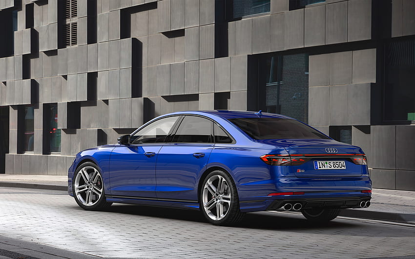 2022, Audi S8, exterior, vista trasera, sedán azul, azul nuevo S8, los automóviles alemanes, Audi fondo de pantalla
