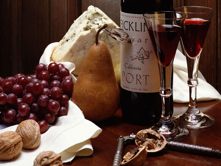 Wein und Trauben, Korkenzieher, Trauben, Nüsse, Birnen, Kork, Rot, Glas, Obst, Getränke, Wein HD-Hintergrundbild