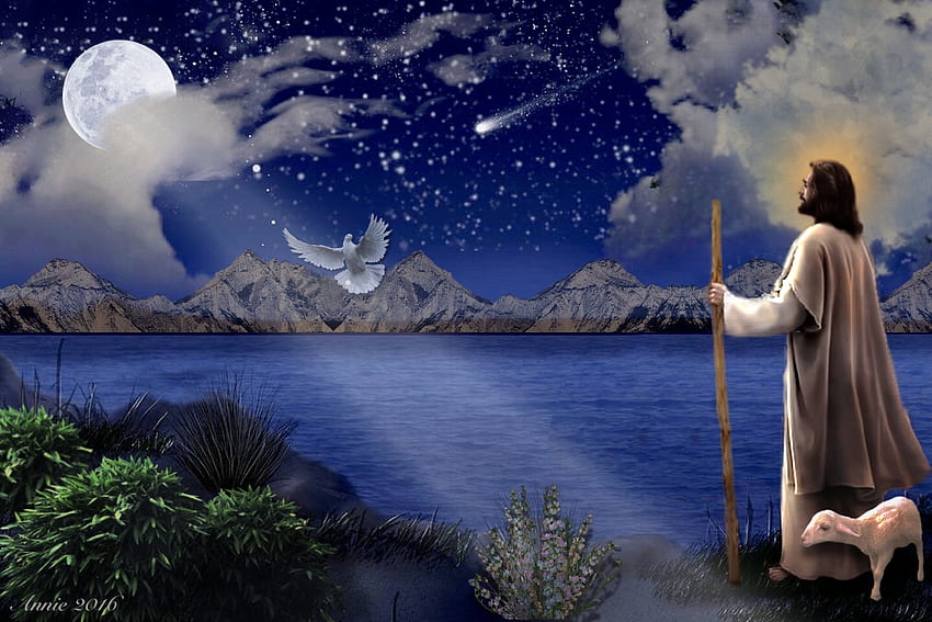 หนึ่งเดียวกับพระบิดา กลางคืน พระเจ้า พระเยซูคริสต์ พระเยซู สงบ เงียบ งดงาม พระวิญญาณบริสุทธิ์ ดวงจันทร์ สวรรค์ ทะเลสาบ พ่อ นกพิราบ ผู้กอบกู้ น้ำ ท้องฟ้า วอลล์เปเปอร์ HD