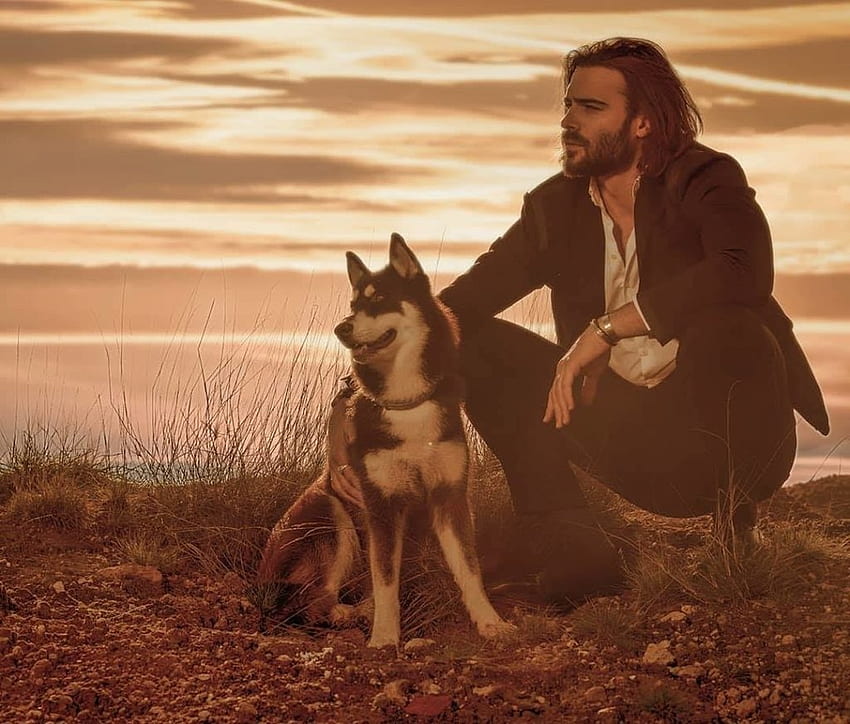 Giulio Berruti, caine, anjing, pria, aktor, matahari terbenam Wallpaper HD