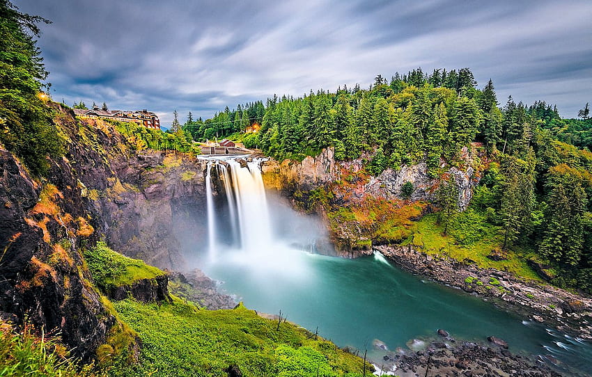 Snoqualmie Falls, Olallie State Park, Washington, rio, casa, nuvens, cachoeira, árvores, céu papel de parede HD