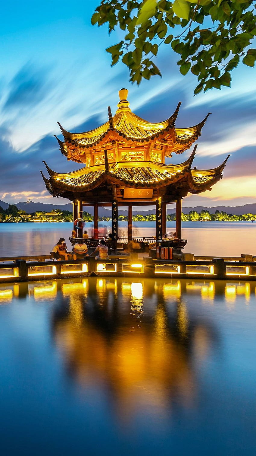 Hangzhou, Xiying Pavilion, lake, park, night, lights, China HD phone wallpaper