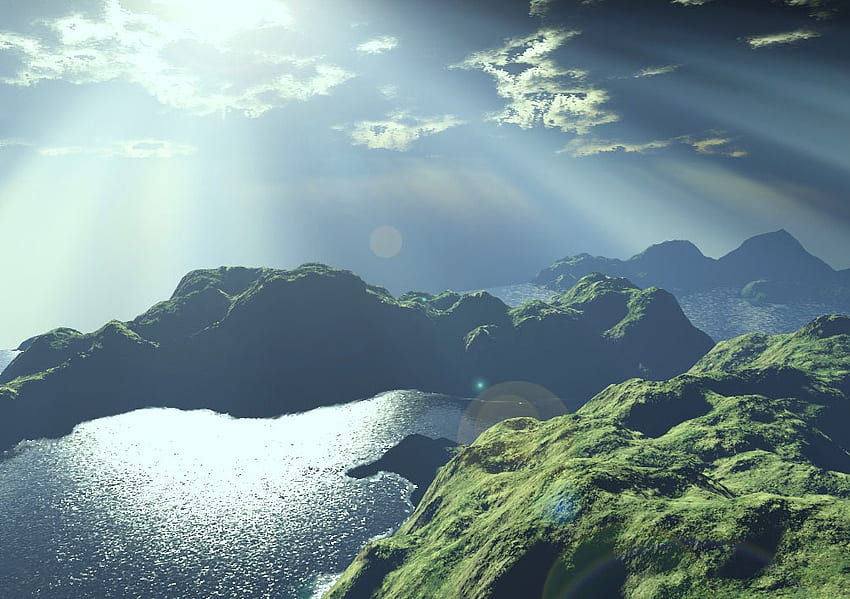 En El Principio Cielo y Tierra, nubes, montañas, agua, rayos de sol fondo de pantalla