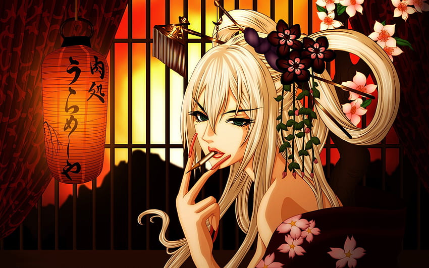 Blonde geisha, kimono, blonde, japan, eyes, geisha, green, nails, flowers, hair, long HD wallpaper