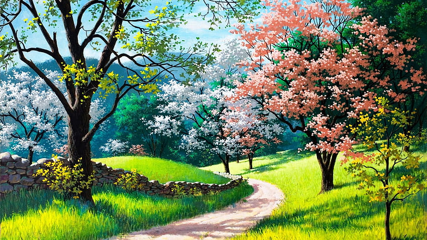 Spring Nature Painting Trees Grass Road, , , Background, 4ispou papel de parede HD