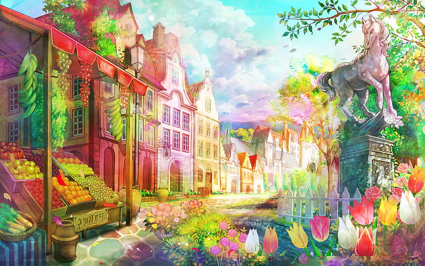 Anime market scene, horse, scene, house, square, statue, anime, yellow, red, apple, flowers, market HD wallpaper