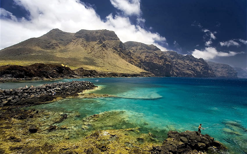 Natureza, Pedras, Céu, Montanhas, Nuvens, Baía, Espanha, Pescador, Claro, Entendo, Tenerife papel de parede HD