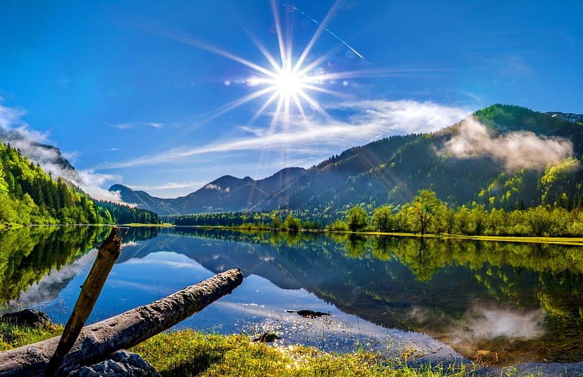 Sun over the mountain lake, blue, river, lakeshore, peaceful, shore, reflection, bright, water, calm, beautiful, lake, mountain, summer, mirrored, clouds, nature, sky, riverbank, clear HD wallpaper