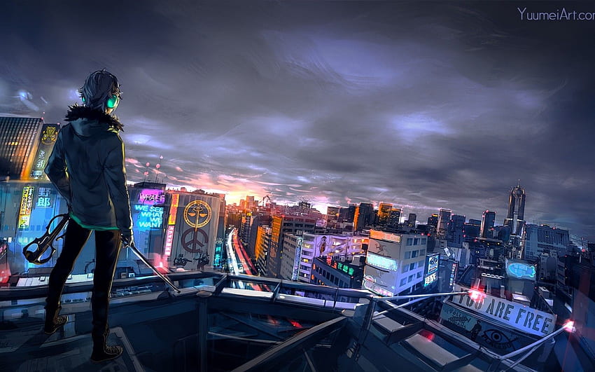 Anime Boy, Hoodie, Night, Cityscape, Rooftop HD wallpaper