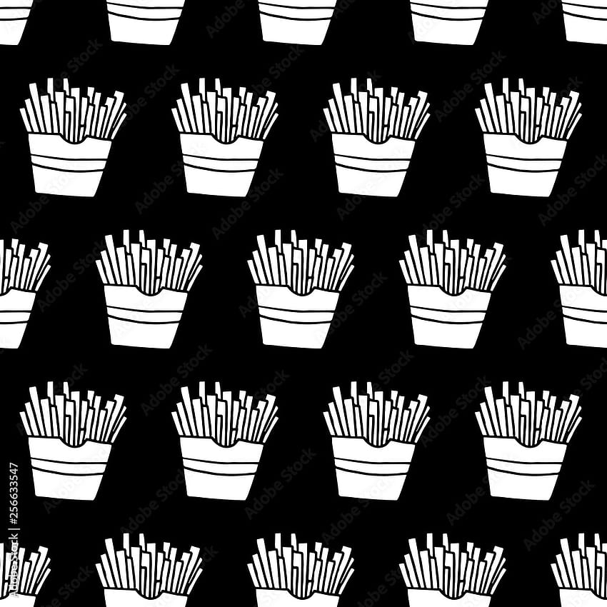 Trendiges Fast-Food-Muster mit handgezeichneten Pommes Frites. Niedliches Vektor-Schwarz-Weiß-Fast-Food-Muster. Nahtloses monochromes Fast-Food-Muster für Stoff, Geschenkpapier und Webhintergrund. Stock Vector, süße Pommes Frites HD-Handy-Hintergrundbild
