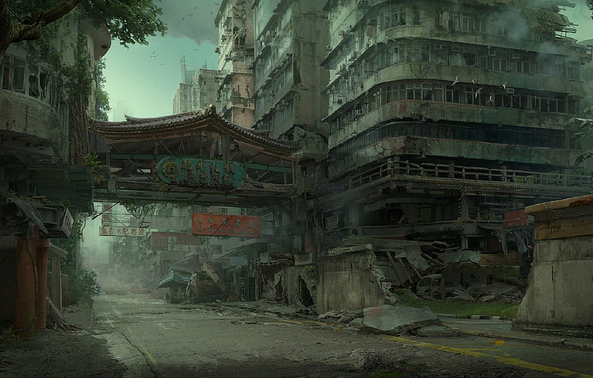 reruntuhan, postapocalyptic, Hong Kong, kota yang hancur, dalam kegelapan, kota sepi, postapocalyptic, daerah terbengkalai, bangunan hancur, oleh Daniel Romanovsky untuk , bagian фантастика Wallpaper HD