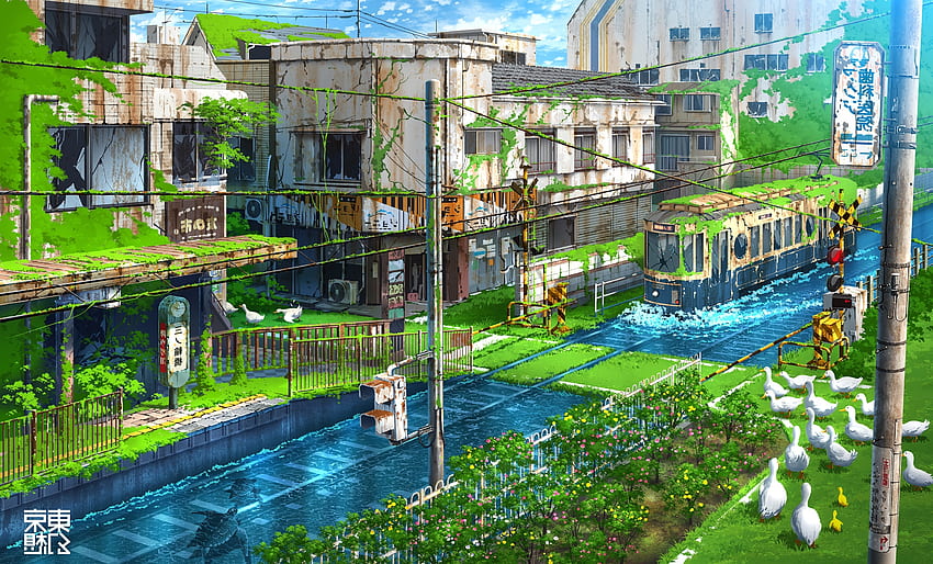 Anime Kıyamet, Yeşil, Kıyamet Sonrası, Harabeler, Binalar, Tatlı Su Çözünürlük: Wallpx HD duvar kağıdı