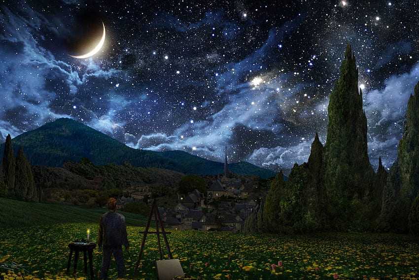 Of Starry, Night, Sky, Painting, Night Illustration HD wallpaper | Pxfuel