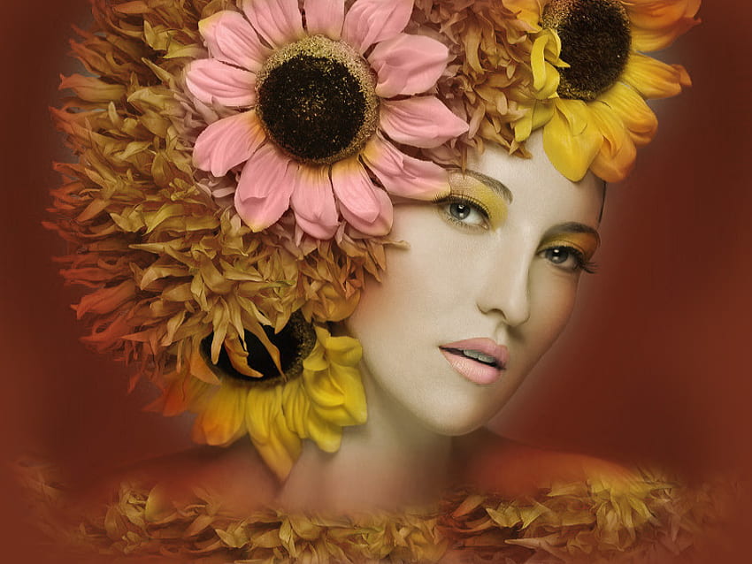 Pink-Sunflower, ornamento, hermoso, flores, mujer, girasol, hembra fondo de pantalla