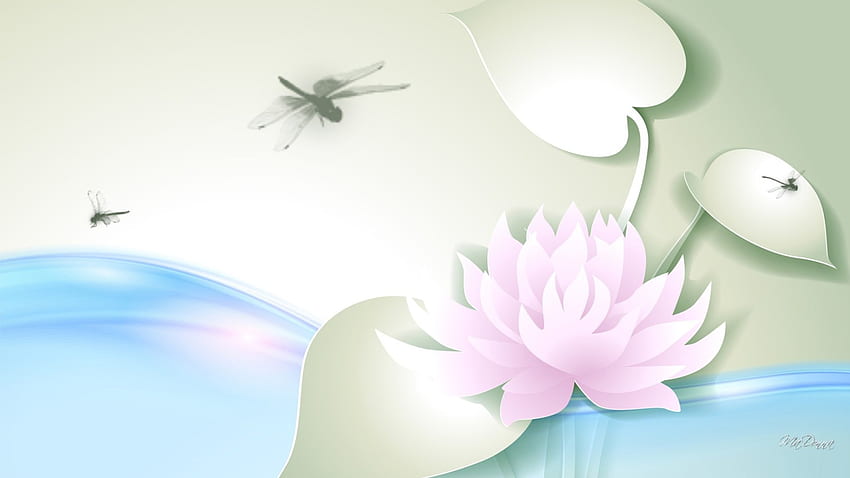 Lily Dragonflies Light, soft, dragonflies, spring, summer, leaves, light, water lily, pads, water, pond, wave, lotus HD wallpaper