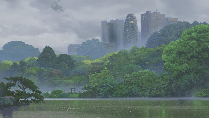 градина градината на думите зелена природа аниме дъжд дървета облаци JPG 350 kB, Аниме Дъждовен град HD тапет