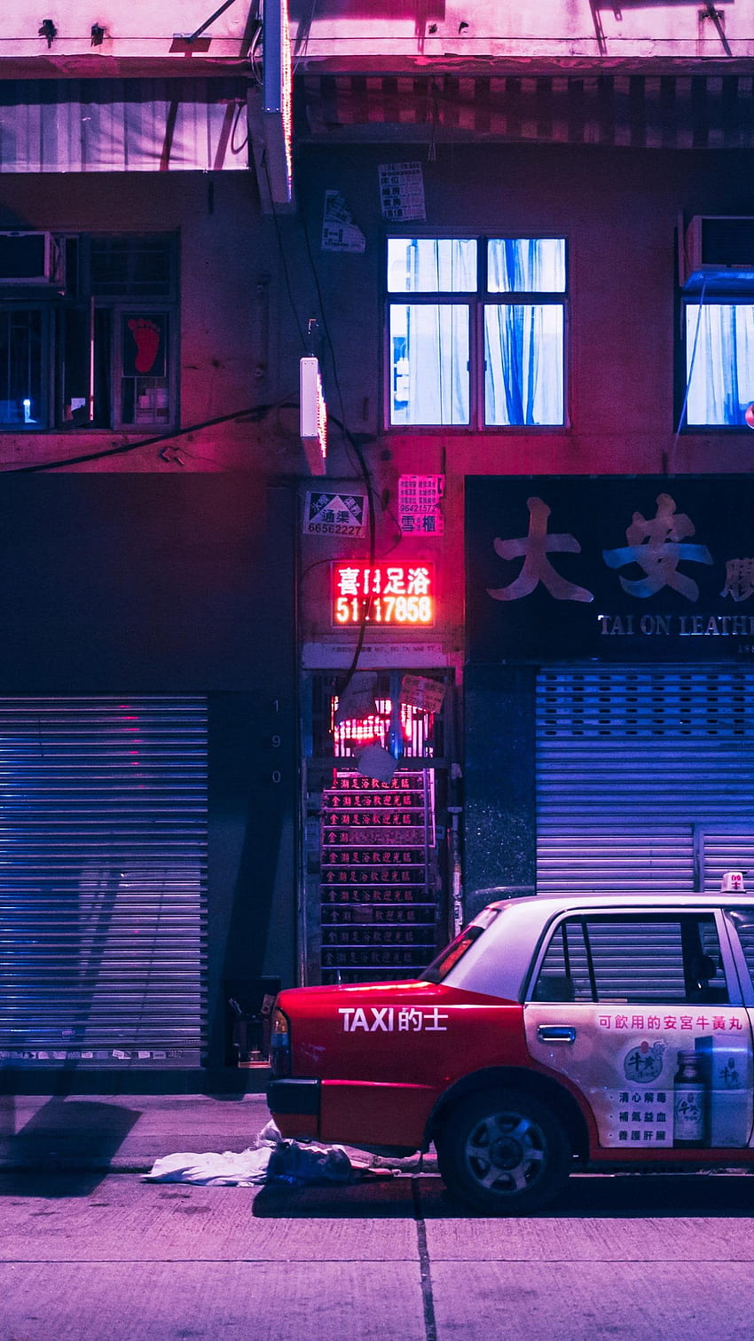 White And Red Sedan, Kowloon, Hong Kong, China, Vaporwave, Neon Lights ...