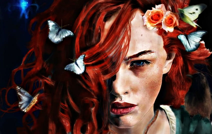 Merida, blue, art, disney, girl, butterfly, fantasy, face, redhead HD wallpaper