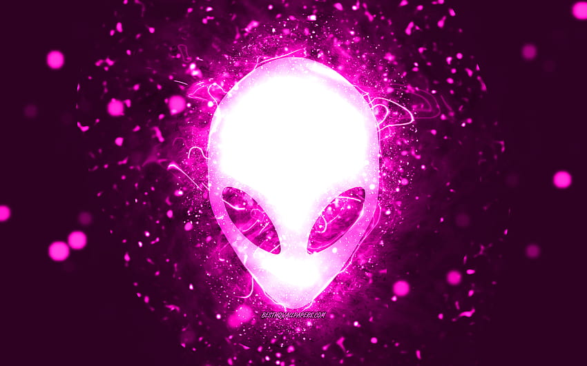Alienware purple logo, , purple neon lights, creative, purple abstract background, Alienware logo, brands, Alienware HD wallpaper