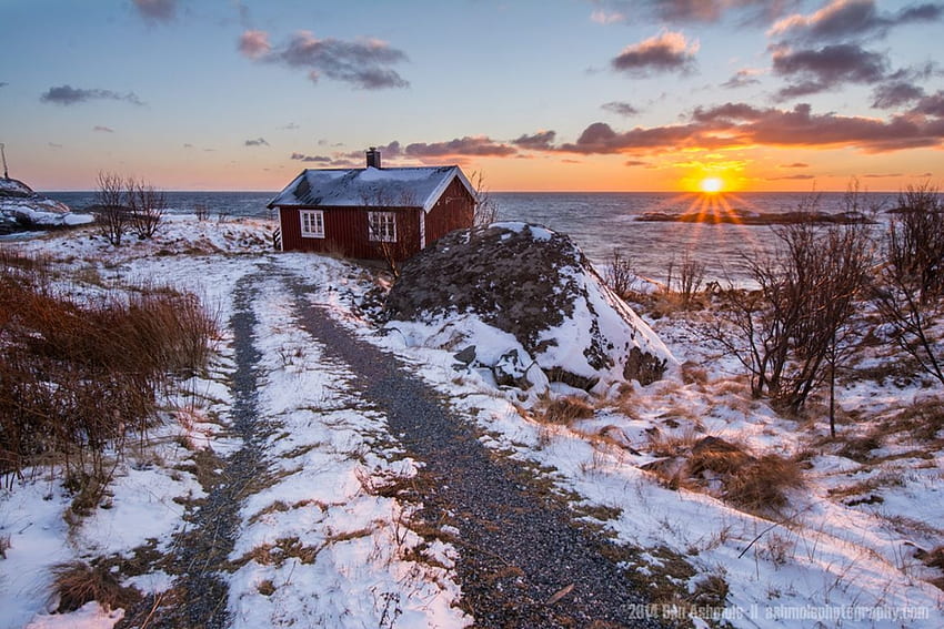 Lofoten Islands, Norway, sea, snow, sky, sun, cabin, sunset HD wallpaper
