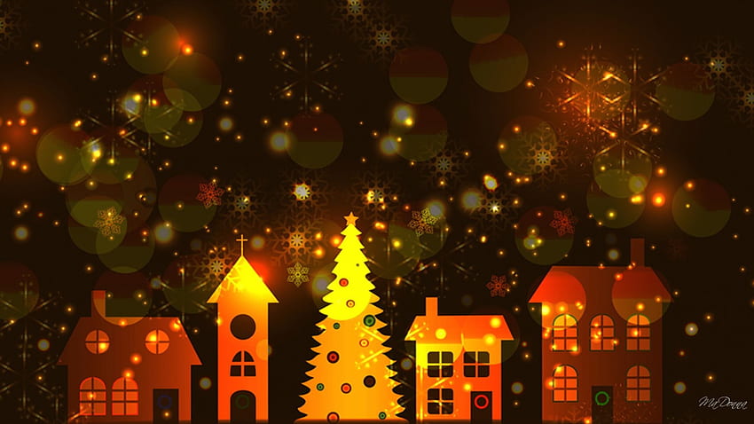 Ámbar Noche de invierno, invierno, ámbar, oro, casas, árbol, copos de nieve, marrón, abstracto, Navidad, brillante, luces, brillo fondo de pantalla