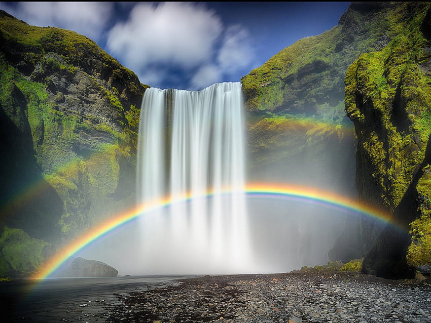 Rainbow Moss Rock Waterfall Skogafoss Waterfall . . 721038 HD wallpaper