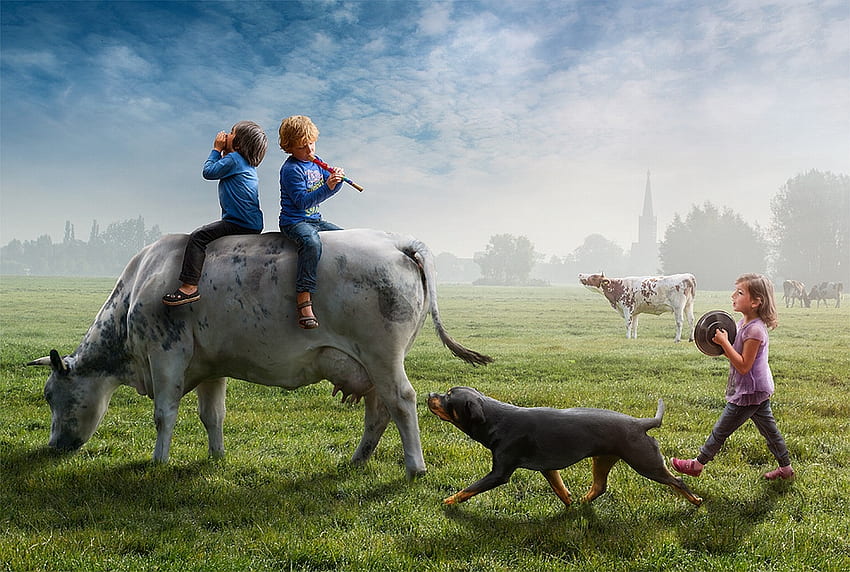 Children, blue, dog, animal, cow, song, adrian sommeling, instrument, creative, music, fantasy, green, caine HD wallpaper